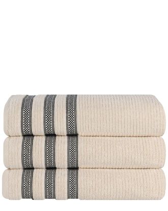Superior Set Of 3 Brea Zero Twist Cotton Ribbed Geometric Border Plush Bath Towels