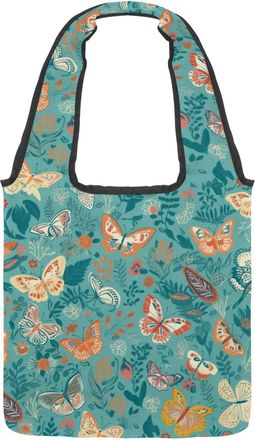 Generic Beautiful Butterflies with Flower Blue Background Reversible Canvas Shoulder Tote - Double-Sided Print, 12oz Cotton, 27cm Drop, Fold-Flat Bag for Trav