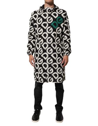 Dolce & Gabbana Black White Logo Print Hooded Coat Men Jacket And Polyester Clothing