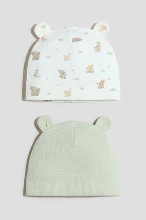 H&M 2-pack Ribbed Ear-detail Beanies in Light Green/animals at Nordstrom, Size 9-12 M