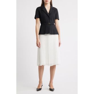 Julia Jordan Faux Two-Piece Short Sleeve Belted Midi Dress in Black Ivory at Nordstrom Rack, Size 14