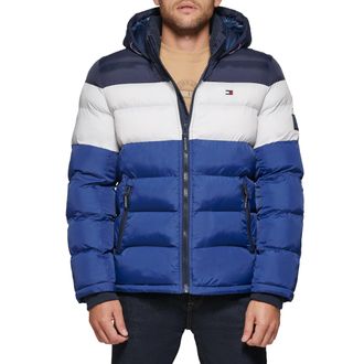 Tommy Hilfiger Mens Hooded Puffer Jacket, Midnight/Ice/Royal Blue, XL
