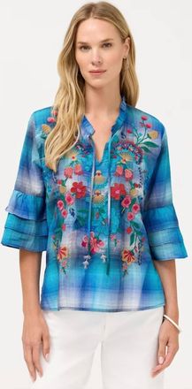 Johnny Was Soline Ruffle Sleeve Blouse In Blue Plaid