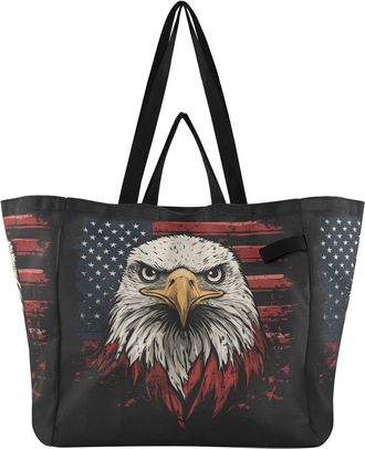 Generic Bald Usa Flag Black print Reusable Canvas Tote Bag, Heavy Duty Grocery Shopping Bag with Large Capacity Hard Bottom Double Handles Work Groceries Trav