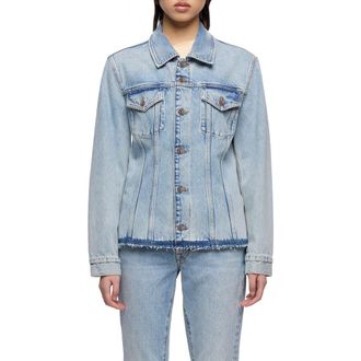 7 For All Mankind Cinched Release Fray Hem Denim Trucker Jacket in Blue Erosion at Nordstrom, Size X-Large