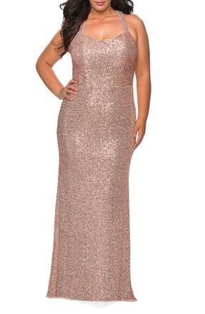 La Femme Stretch Lace Plus Size Dress with Criss Cross Back in Rose Gold at Nordstrom, Size 12W