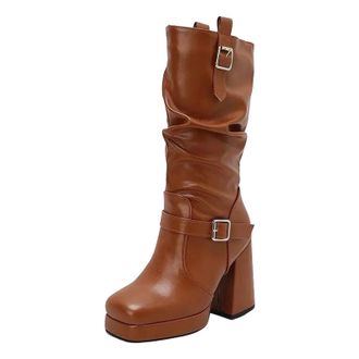 Generic Womens Retro Mid Calf Boots Round Toe Super High Thick Heel Platform With Easy Slip On Design Casual Tall Booties