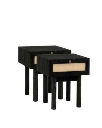 Deco Wood Pack 2 mesitas de noche de madera maciza y rafia negro 40x45cm