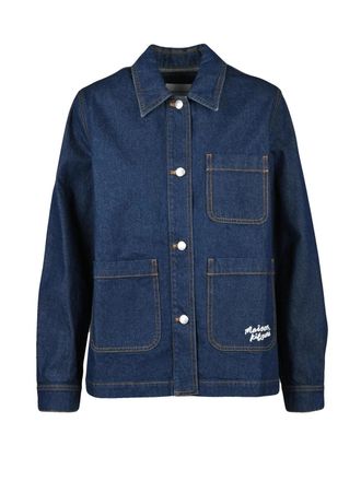 Maison Kitsun&eacute; Blue Denim Coat With Structured Design And Embroidered Logo