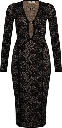 Elisabetta Franchi Black Abstract V Neck Midi Dress