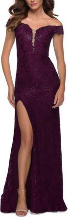 La Femme Lace Off the Shoulder Gown with Deep V Neckline in Dark Berry at Nordstrom, Size 16