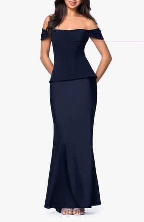 Betsy & Adam Off the Shoulder Mixed Media Gown in Navy at Nordstrom, Size 10