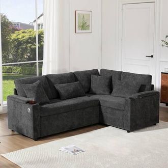 Merax L-Shaped Pull-Out Corner Sofa Bed with Smart USB Ports & Storage in Grey