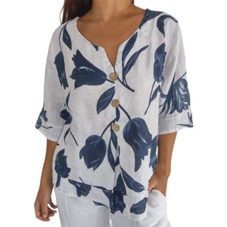 Generic 3/4 Sleeve Linen Tops for Women UK Short Sleeve Print Wedding Tunic Clearance Womens Cotton Linen Tshirt Top Summer Casual Gifts Fit Blouse Tunic Flor