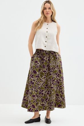 Contemporaine Womens Printed pure linen flared skirt
