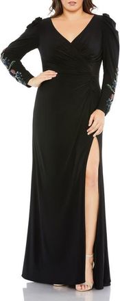 Mac Duggal Embellished Long Sleeve Faux Wrap Gown in Black at Nordstrom, Size 20W