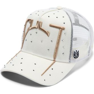 Cult of Individuality Arch Logo Crystal Embellished Trucker Hat in Winter White at Nordstrom