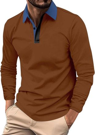 Generic Mens Polo Shirts Long Sleeve Color Block Shirt Button Down T-Shirts Casual Blosues 2026 Fashion Pullover Tops Clothes Camisas Hombres(Brown, XXL)