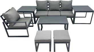 Fimous Fimous 6 Seat Outdoor Garden Furniture Set Aluminium Lounge 3 Seat Sofa Oblong Coffee Table Sets with Chair 2 Small Stools 2 Side Tables Dark Grey
