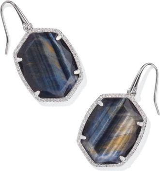 Kendra Scott Womens Daphne Pave Frame Drop Earrings In Silver Navy Tigers Eye