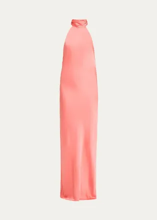 Ramy Brook Tatiana Low-Cut Halter Column Gown