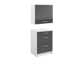 Vente-Unique M&oacute;dulos de cocina - 1 mueble bajo y 1 mueble alto - 3 cajones y 1 puerta - Gris brillante y blanco - TRATTORIA