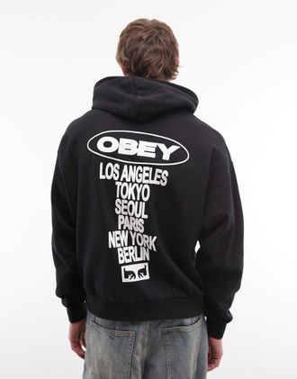 Obey Oval Cities - Felpa con cappuccio nera con stampa sul retro-Nero