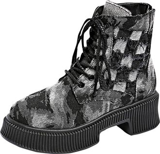 Generic Ankle Boots for Women Casual Denim Biker Booties Stylish Round Toe Versatile Low Chunky Heel Non-Slip Comfortable Lace Up Boots Walking Leisure