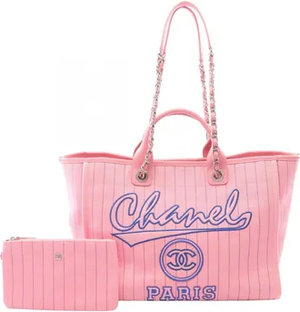 Chanel Blue Pink Canvas Leather Handbag Tote Bag (Pre-Owned)