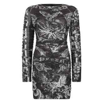 Philipp Plein Kleedjes, Dames, Zwart, L, Tule, Gerimpelde Mini Jurk Butterfly Tattoo