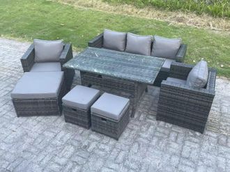 Fimous Garden Furniture Set Patio Rattan Dining Table Lounge Sofa Chair 3 Footstool in Dark Grey