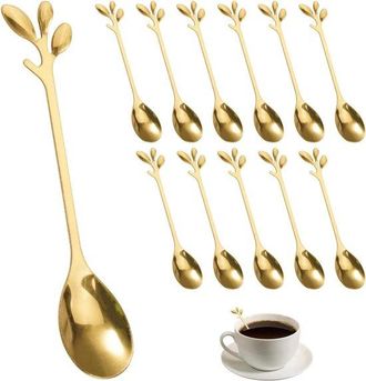 No Brand Juego De 12 Cucharas De Caf&eacute; De Acero Inoxidable Con Dise&ntilde;o De Ramas, Cucharas De T&eacute; Decorativas Doradas Y Cucharas Para Pasteles Para Agua, Leche, Po