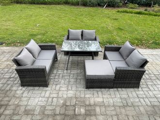 Fimous 7 Seater Rattan Wicker Garden Furniture Patio Conservatory Sofa Set with Rectangular Dining Table Love Seat Sofa in Dark Grey