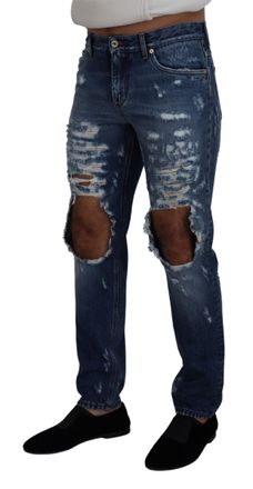 Dolce & Gabbana Blue Cotton Tattered Men Denim Jeans Elastane Clothing