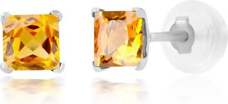 MAX + STONE 14k Yellow or White Gold 4mm Square Princess Cut Gemstone Stud Earrings