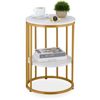 Relaxdays Relaxdays - Side Table, Marble Effect, 2 Tiers, 57 x 40 cm, Living Room, Coffee Rest for Sofa, Metal & mdf, White/Gold
