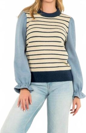 THML Clothing Stripe Suede Sleeve Sweater In Blue