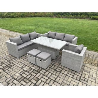 Fimous 9 Seater Outdoor pe Rattan Garden Funiture Set Height Adjustable Rising Lifting Table Sofa Dining Set with Armchair 2 Small Footstools - Fimous