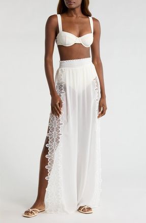 Ramy Brook Athena Lace Semisheer Split Hem Wide Leg Cover-Up Pants in White at Nordstrom, Size Xx-Small