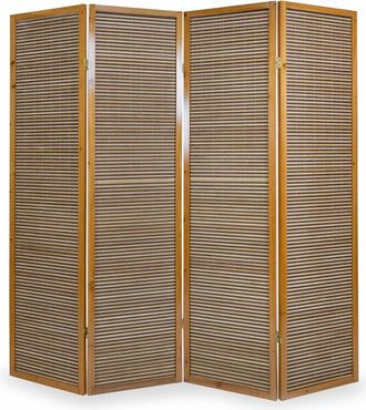 PEGANE Biombo de madera castaño con bambú de 4 paneles