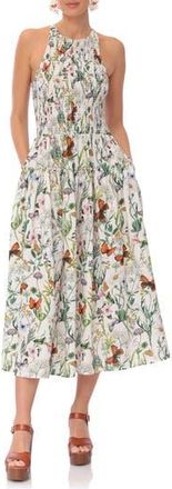 Avec Les Filles Floral Smocked Bodice Linen Blend Midi Dress in Butterfly Floral at Nordstrom Rack, Size 14