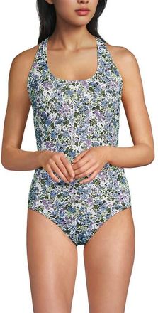 Lands End Chlorine Resistant Scoop Neck X-Back High Leg Soft Cup Tugless Sporty One Piece Swimsuit in White/lilac Multi Ditsy Floral at Nordstrom