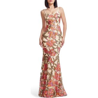 Dress The Population Giovanna Sequin Floral Mermaid Gown in Beige Multi at Nordstrom Rack, Size X-Small