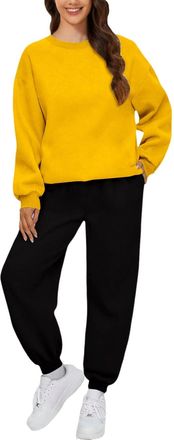 Generic Womens Lounge Wear Sets Long Sleeve Crewneck Solid Color Two Piece Outfit Hoodie Jogger Tracksuit Set Sweatshirt Sweatpants Baggy Jogger Pant Co Ord S