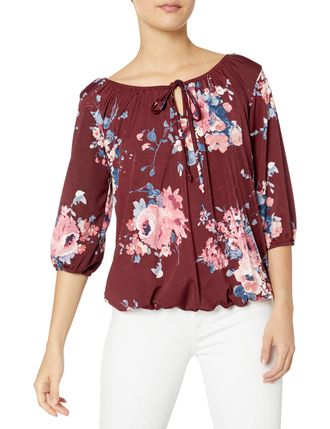 Star Vixen Womens 3/4 Sleeve Peasant Top Blouse, Burgundy/Floral, X-Large