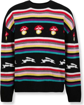 Msgm Round-neck Knitwear, male, Multicolor, S, Jacquard Jumper Follow the rabbit and I Love Mushrooms