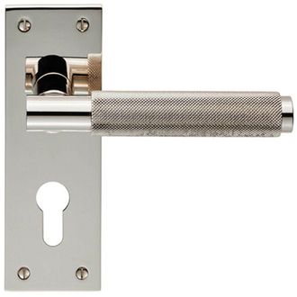 Loops PAIR Knurled Round Lever on Slim Euro Lock Backplate 150 x 50mm Polished Nickel in Metallics