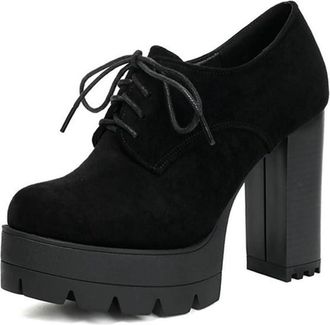 Generic Womens Lace Up Round Toe Platform Chunky Heels Pumps Fashion Casual Party Dance Shoes Ankle Booties Loafers (Black,5.5)