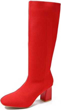 Generic Womens Fashion Elastic Knitted Knee High Boots Comfort Square Toe Block High Heel Pumps Pull On Winter Shoes (7.5,Red)