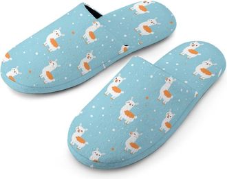 Generic Cute Cartoon Llama Flannel Mens Slip-on Slippers Winter Warm House Shoes with Rubber Sole for Home Hotel